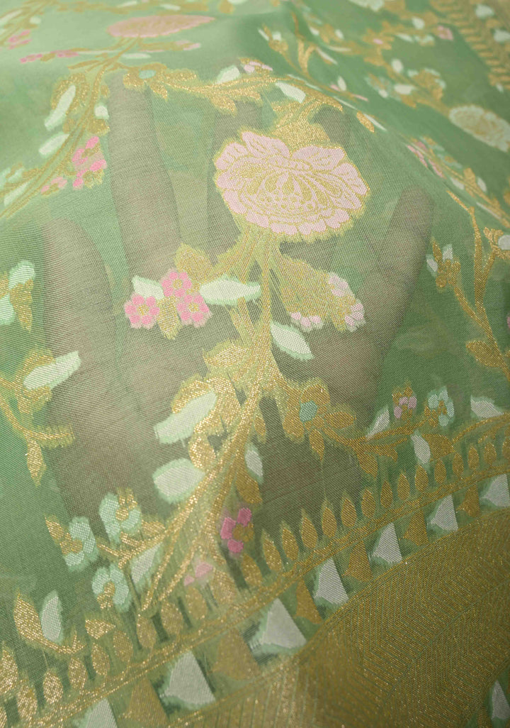 Tea Green Cotton Jamdani Style Cutwork Saree with Meenakari Brocade Jaal and Zari Border
