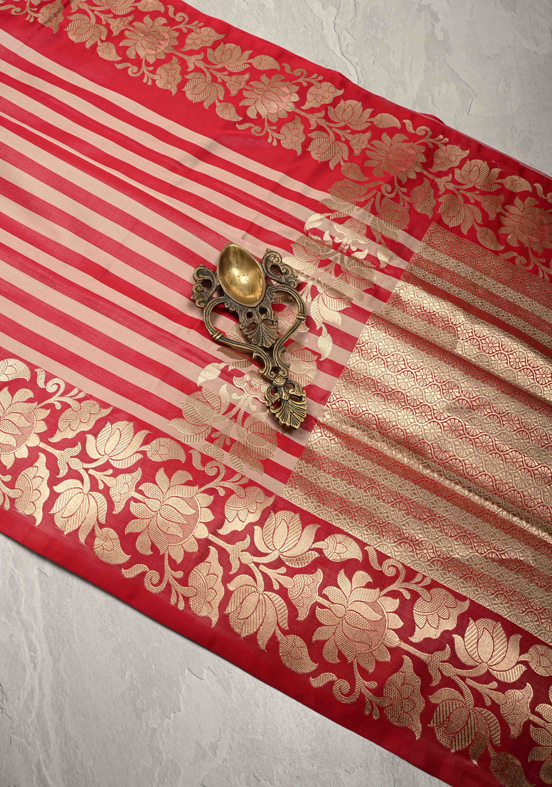 Sandstone-Brick Red Banarasi Mashru Silk Saree with Horizontal Stripes and Floral Zari Border | SILK MARK CERTIFIED