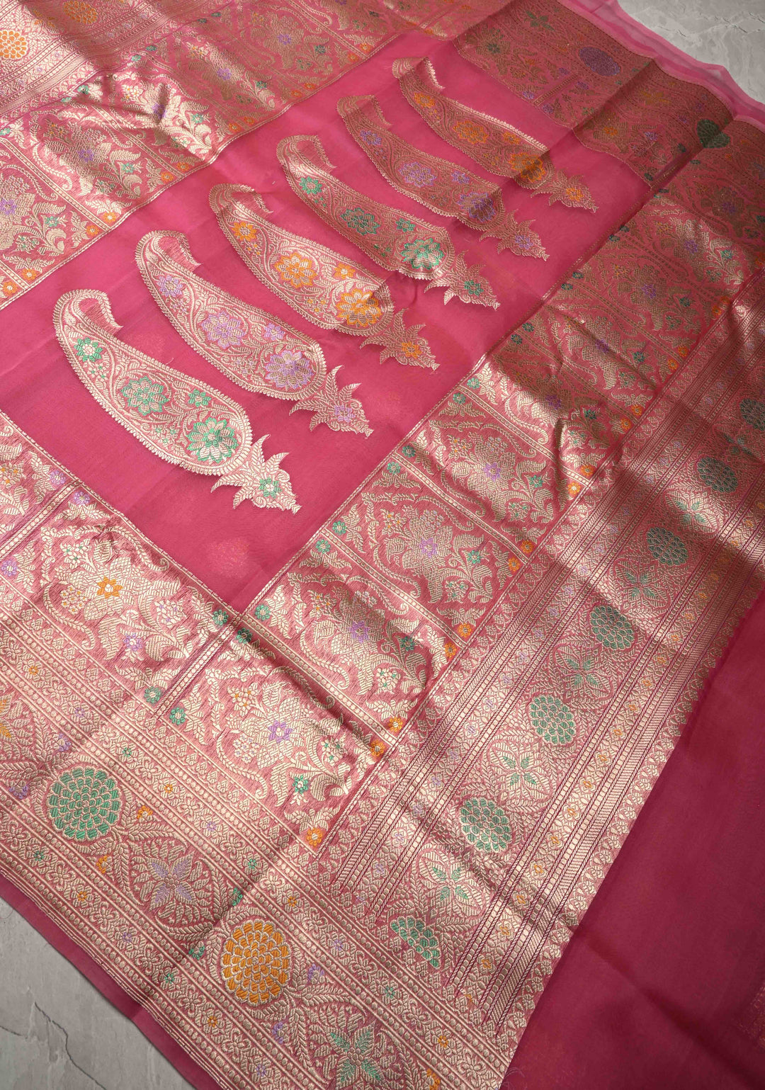 Dusty Pink Meenakari Deisign on Banarasi Katan Tissue Silk Saree with Floral Brocade and Zari Border | SILK MARK CERTIFIED