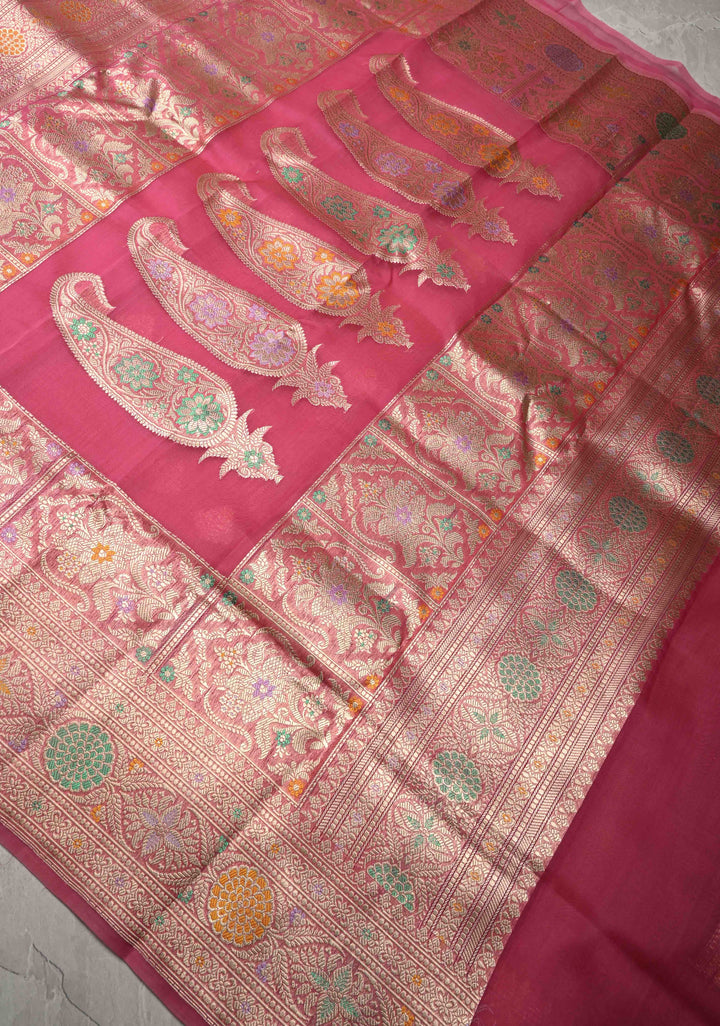 Dusty Pink Meenakari Deisign on Banarasi Katan Tissue Silk Saree with Floral Brocade and Zari Border | SILK MARK CERTIFIED