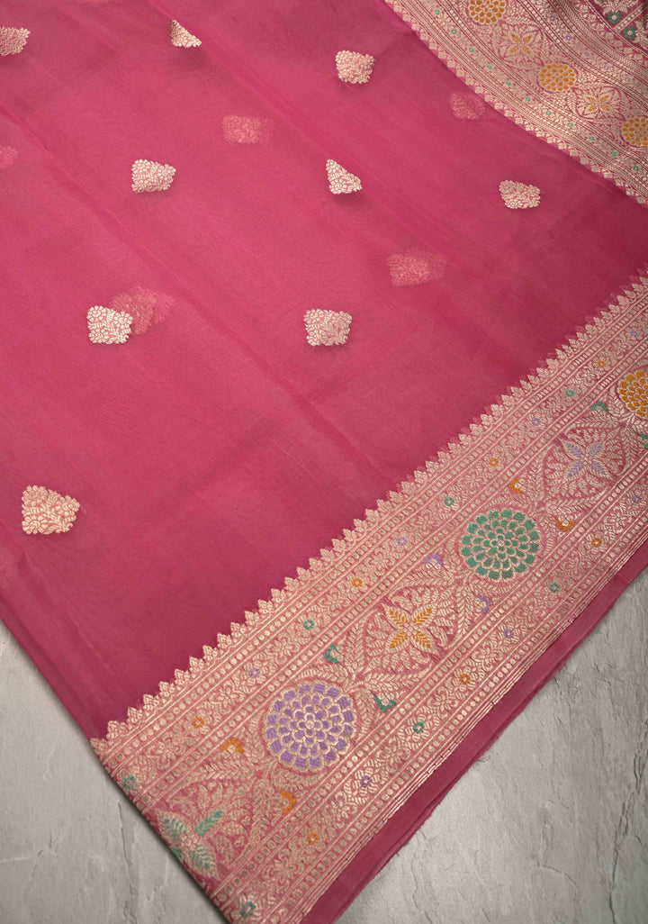 Dusty Pink Meenakari Deisign on Banarasi Katan Tissue Silk Saree with Floral Brocade and Zari Border | SILK MARK CERTIFIED