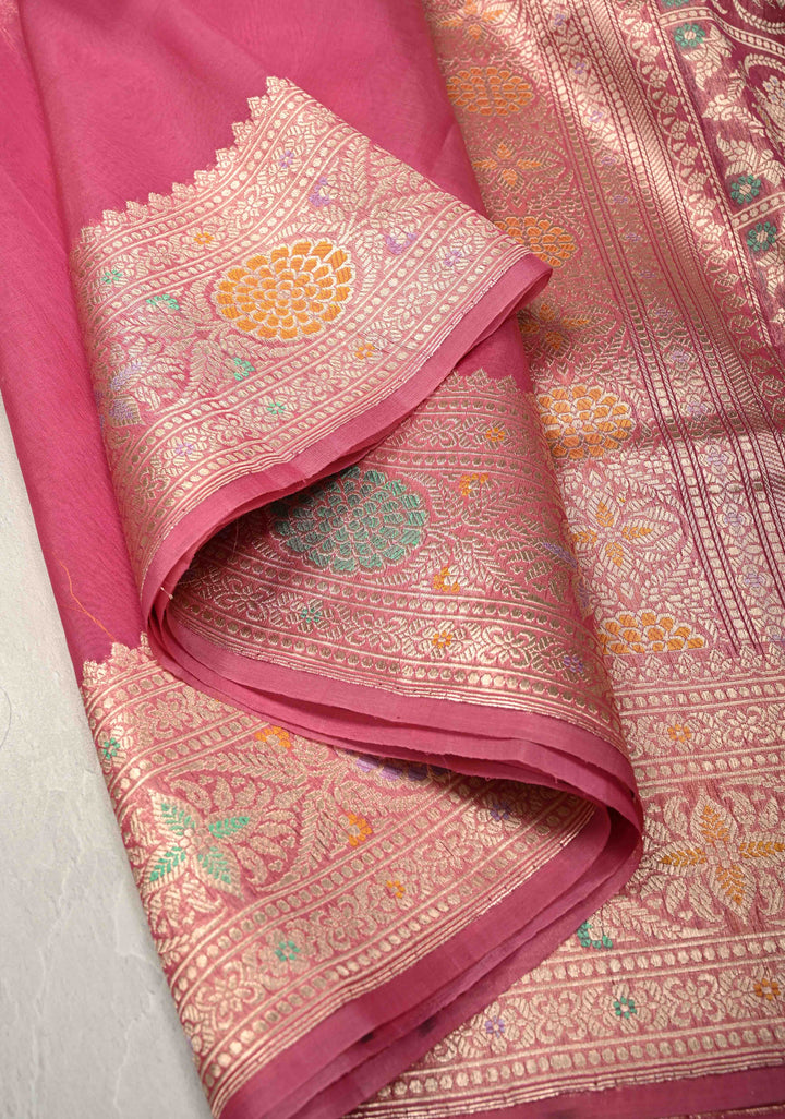 Dusty Pink Meenakari Deisign on Banarasi Katan Tissue Silk Saree with Floral Brocade and Zari Border | SILK MARK CERTIFIED