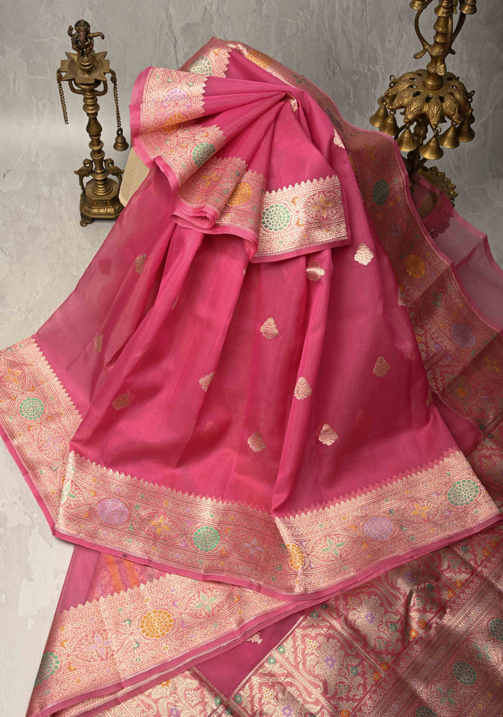 Dusty Pink Meenakari Deisign on Banarasi Katan Tissue Silk Saree with Floral Brocade and Zari Border | SILK MARK CERTIFIED
