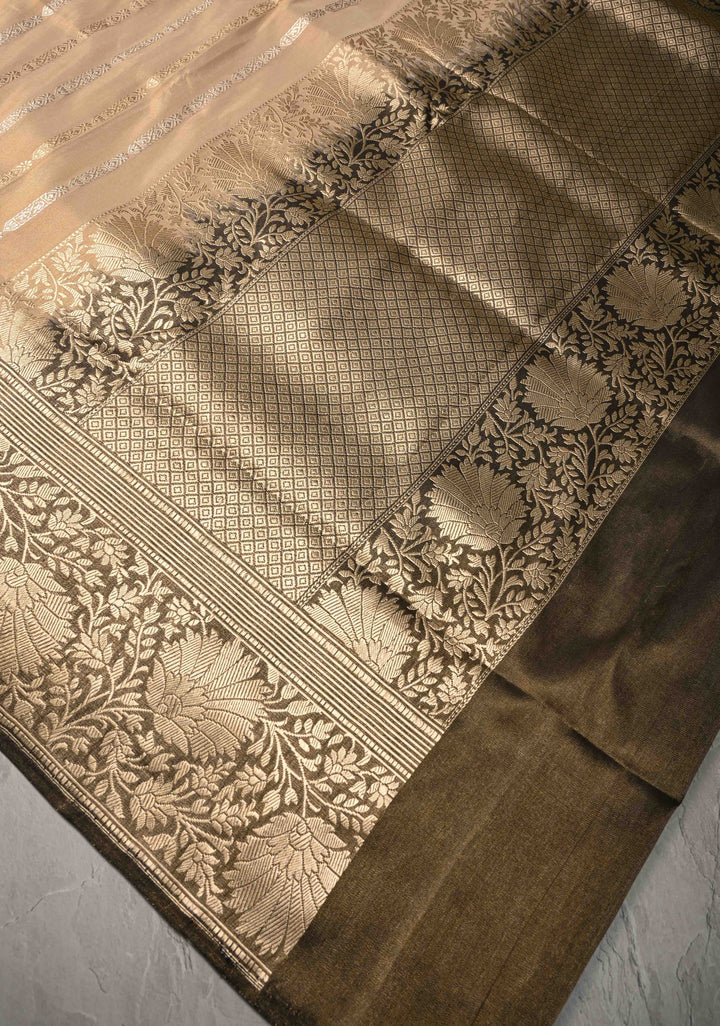 Cream Banarasi Katan Tissue Silk Saree with Gold Silver Stripes and Contrast Zari Border | SILK MARK CERTIFIED