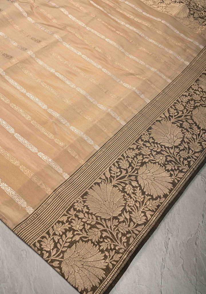 Cream Banarasi Katan Tissue Silk Saree with Gold Silver Stripes and Contrast Zari Border | SILK MARK CERTIFIED
