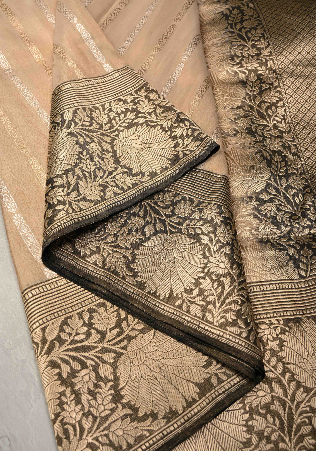 Cream Banarasi Katan Tissue Silk Saree with Gold Silver Stripes and Contrast Zari Border | SILK MARK CERTIFIED