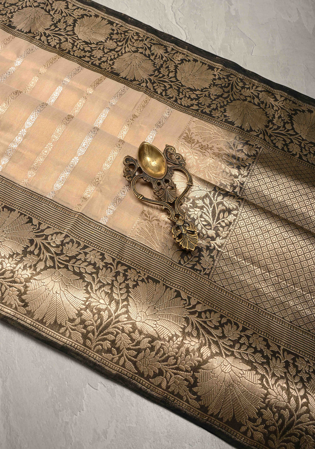 Cream Banarasi Katan Tissue Silk Saree with Gold Silver Stripes and Contrast Zari Border | SILK MARK CERTIFIED