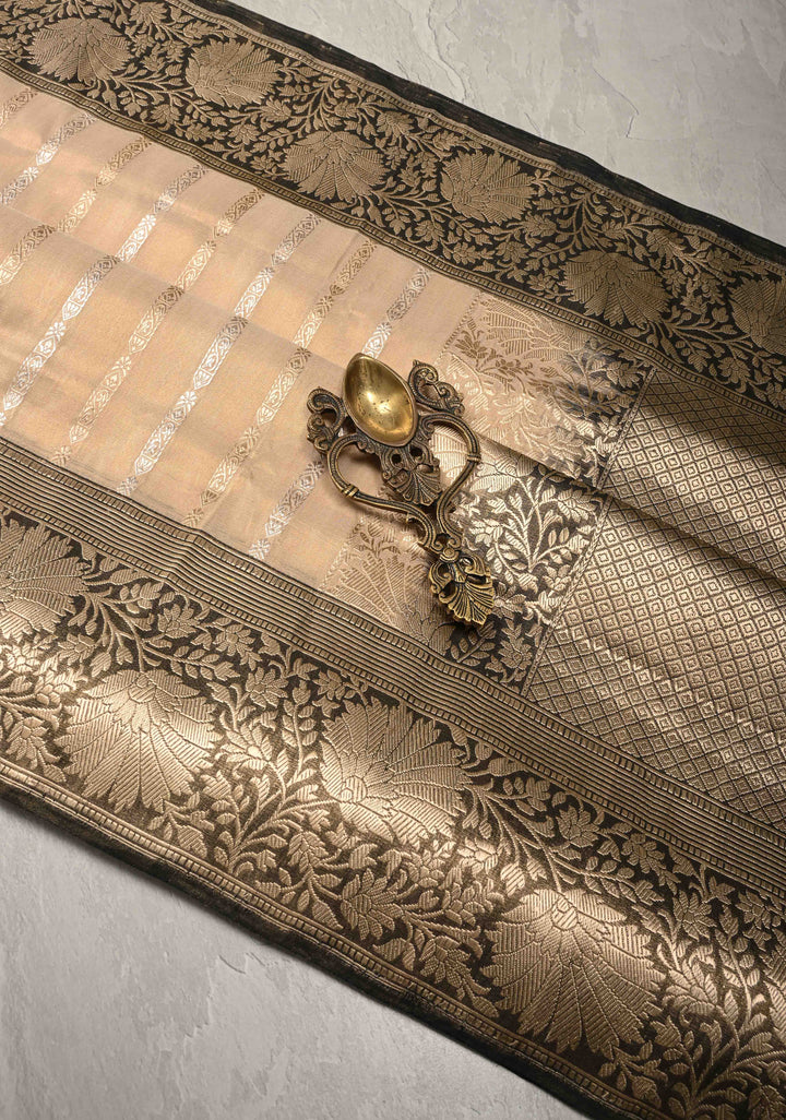 Cream Banarasi Katan Tissue Silk Saree with Gold Silver Stripes and Contrast Zari Border | SILK MARK CERTIFIED