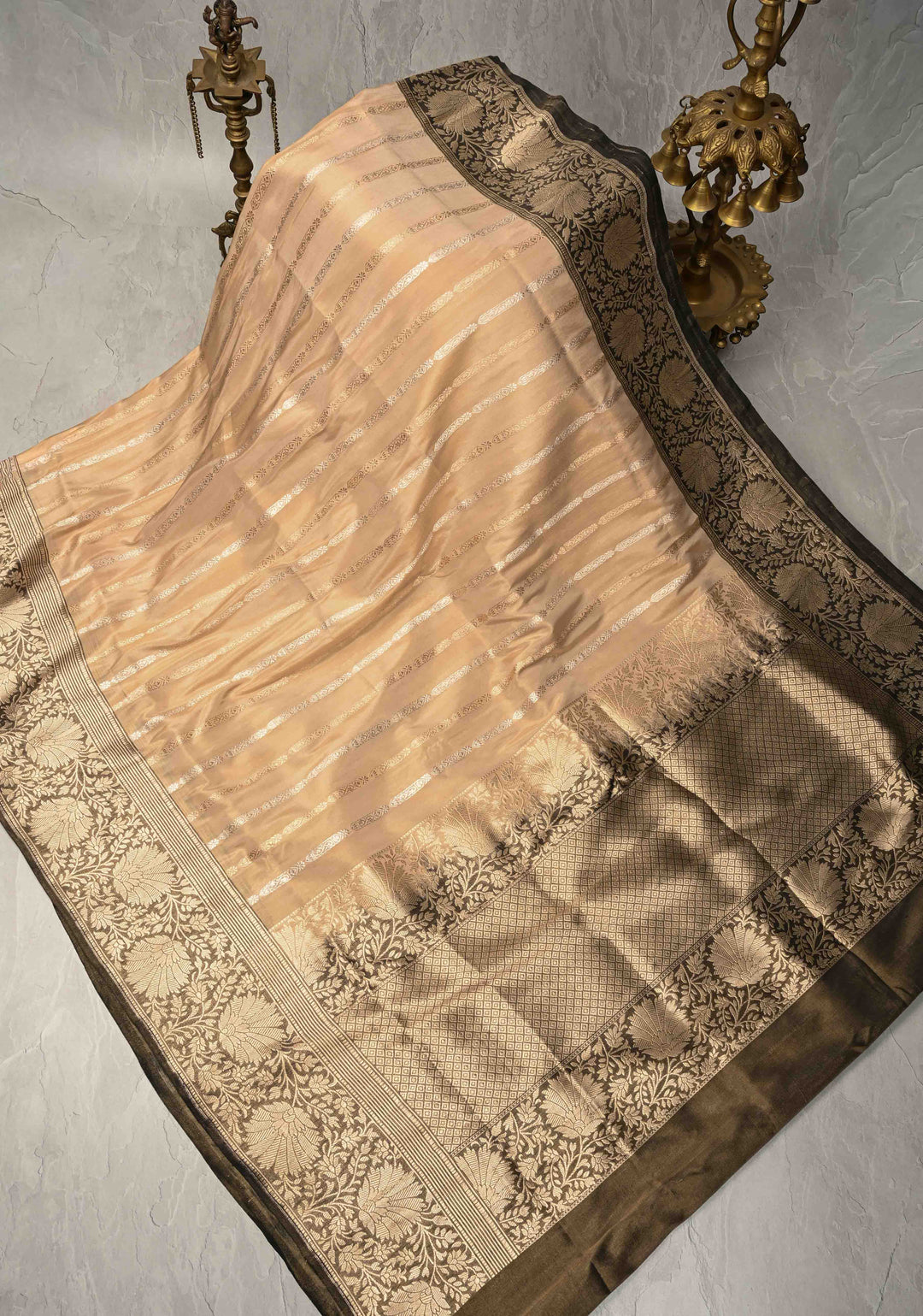 Cream Banarasi Katan Tissue Silk Saree with Gold Silver Stripes and Contrast Zari Border | SILK MARK CERTIFIED