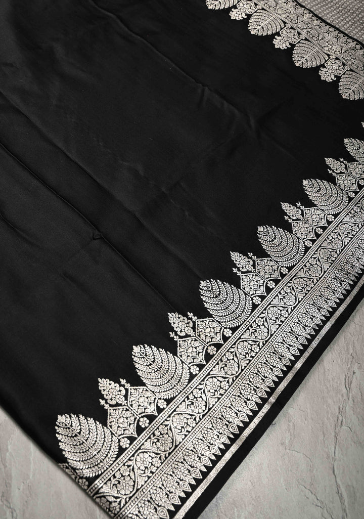 Black Mashru Silk Saree with Silver Zari Border and Pallu | SILK MARK CERTIFIED