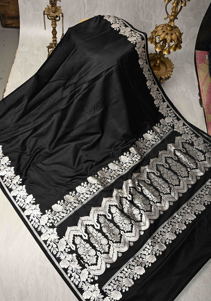 Black Mashru Silk Saree with Silver Zari Floral Border | SILK MARK CERTIFIED