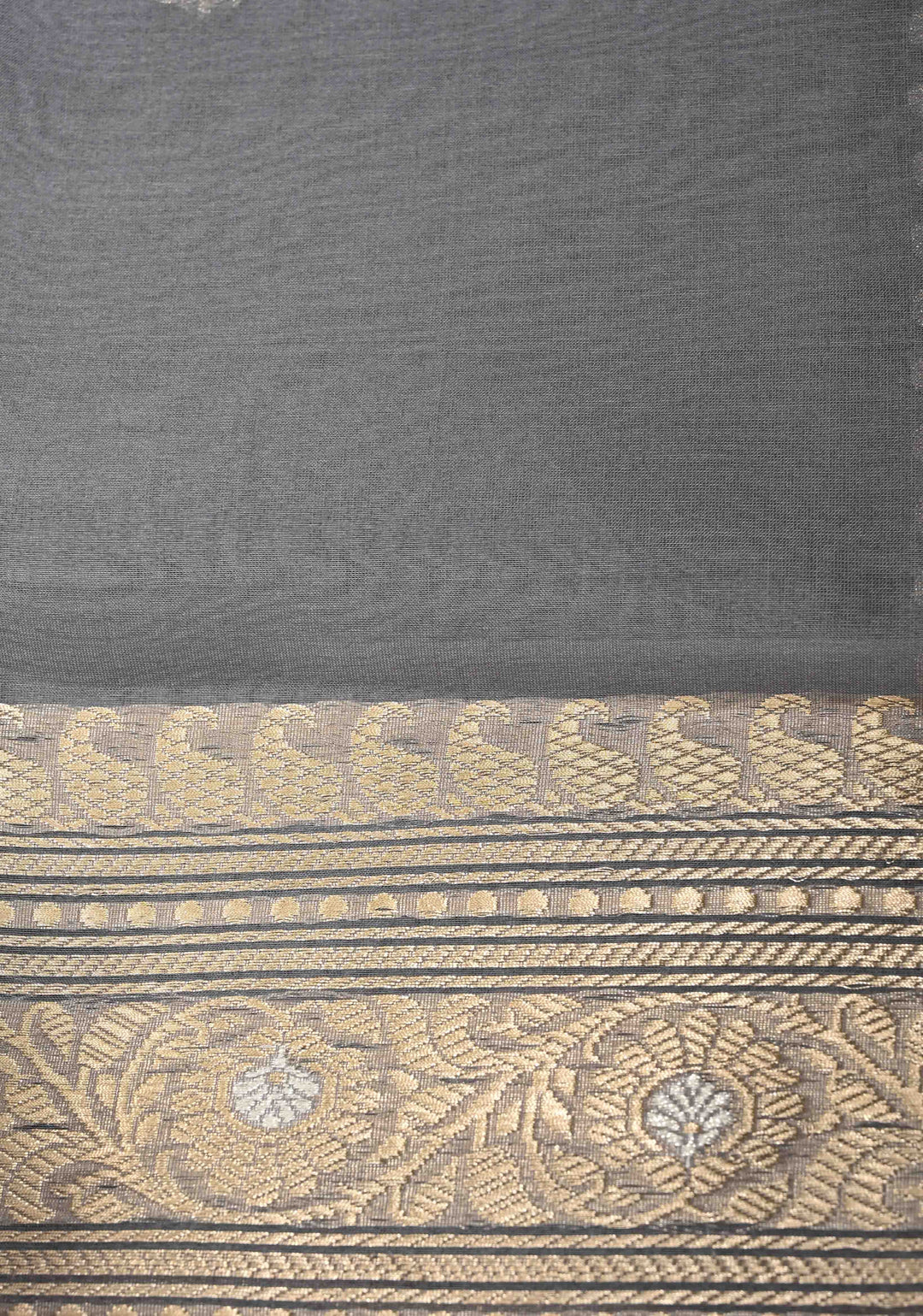Gray Banarasi Kora Silk Saree with Floral Zari Buttas  and Meenakari Zari Border-Pallu | SILK MARK CERTIFIED