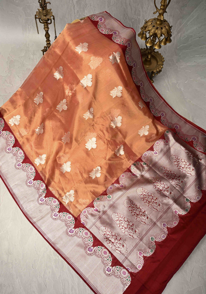 Peach Dual tone Bnarasi Katan Tissue Silk Saree with Floral Zari Buttas and Contrast Meenakari Zari Border | SILK MARK CERTIFIED