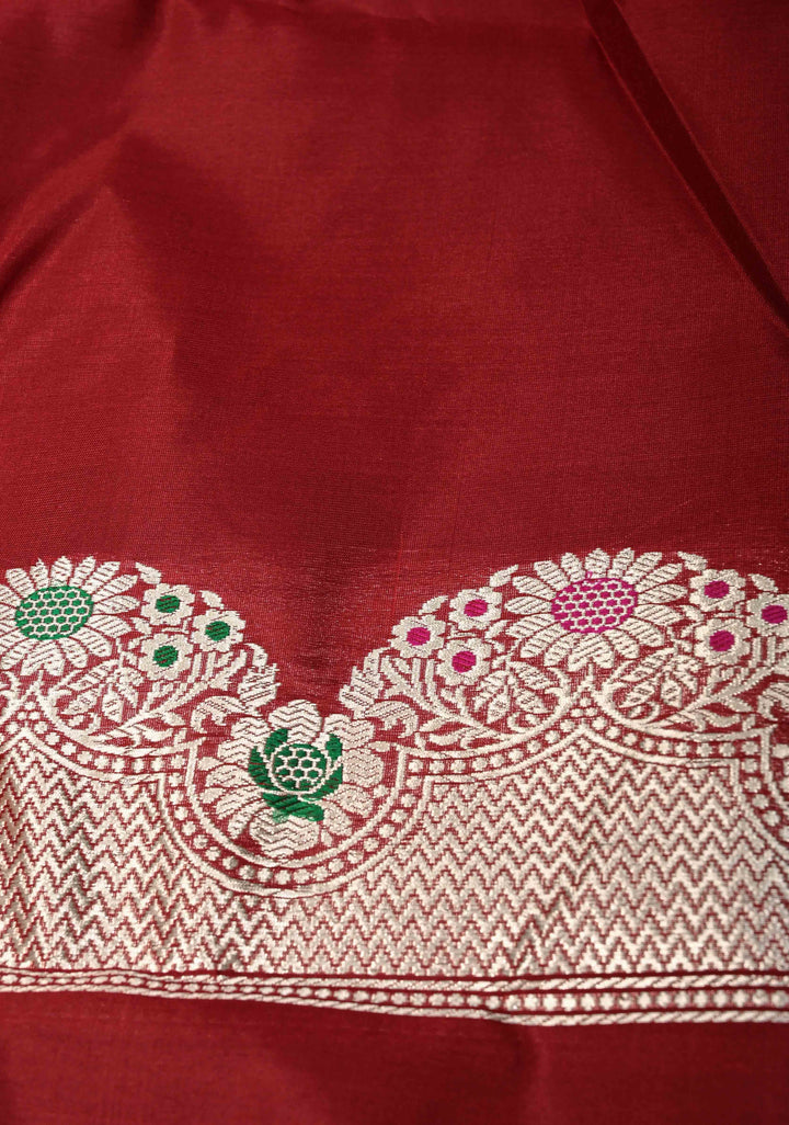 Peach Dual tone Bnarasi Katan Tissue Silk Saree with Floral Zari Buttas and Contrast Meenakari Zari Border | SILK MARK CERTIFIED