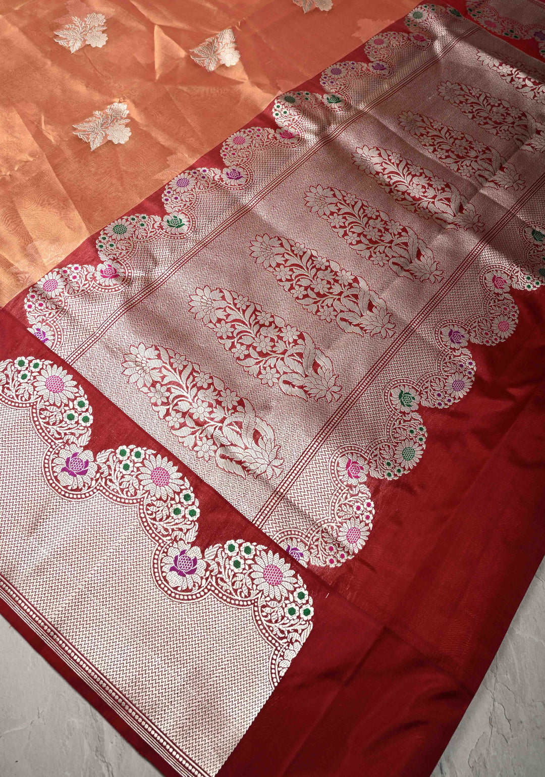 Peach Dual tone Bnarasi Katan Tissue Silk Saree with Floral Zari Buttas and Contrast Meenakari Zari Border | SILK MARK CERTIFIED