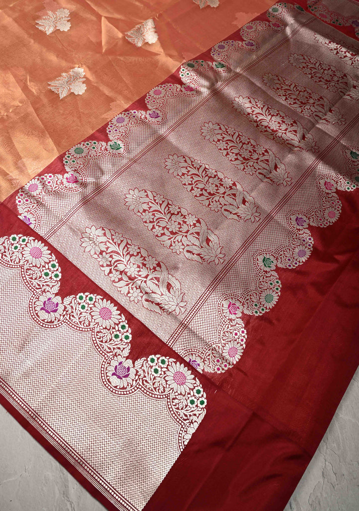 Peach Dual tone Bnarasi Katan Tissue Silk Saree with Floral Zari Buttas and Contrast Meenakari Zari Border | SILK MARK CERTIFIED