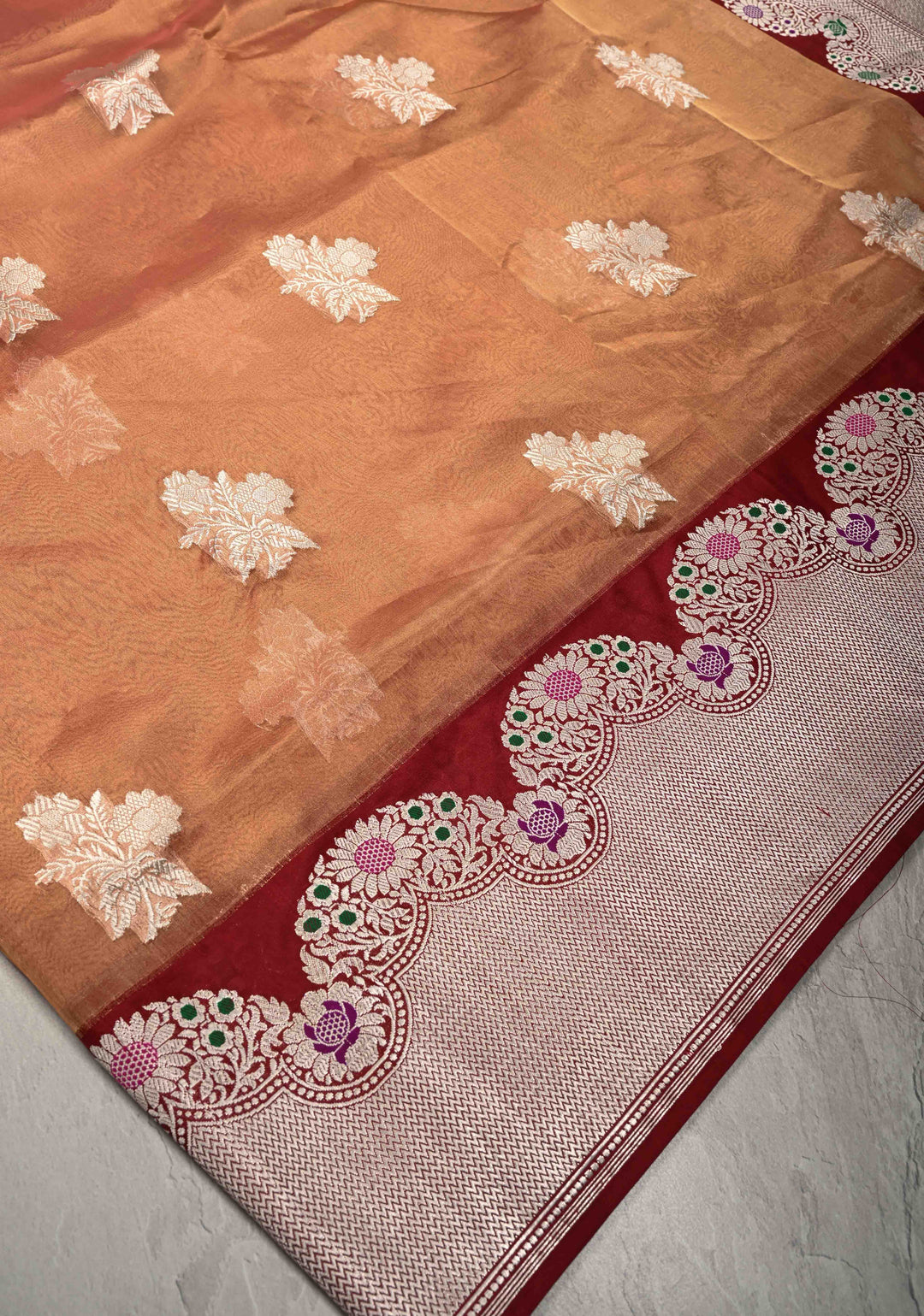 Peach Dual tone Bnarasi Katan Tissue Silk Saree with Floral Zari Buttas and Contrast Meenakari Zari Border | SILK MARK CERTIFIED