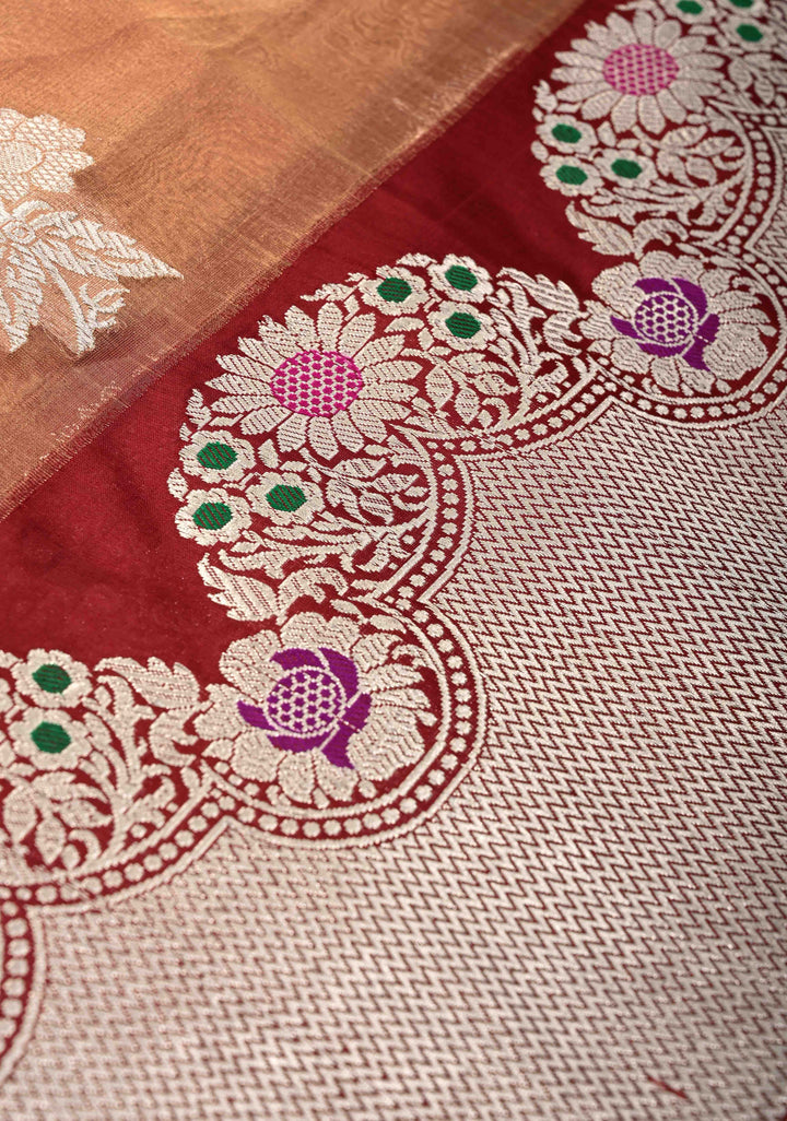 Peach Dual tone Bnarasi Katan Tissue Silk Saree with Floral Zari Buttas and Contrast Meenakari Zari Border | SILK MARK CERTIFIED