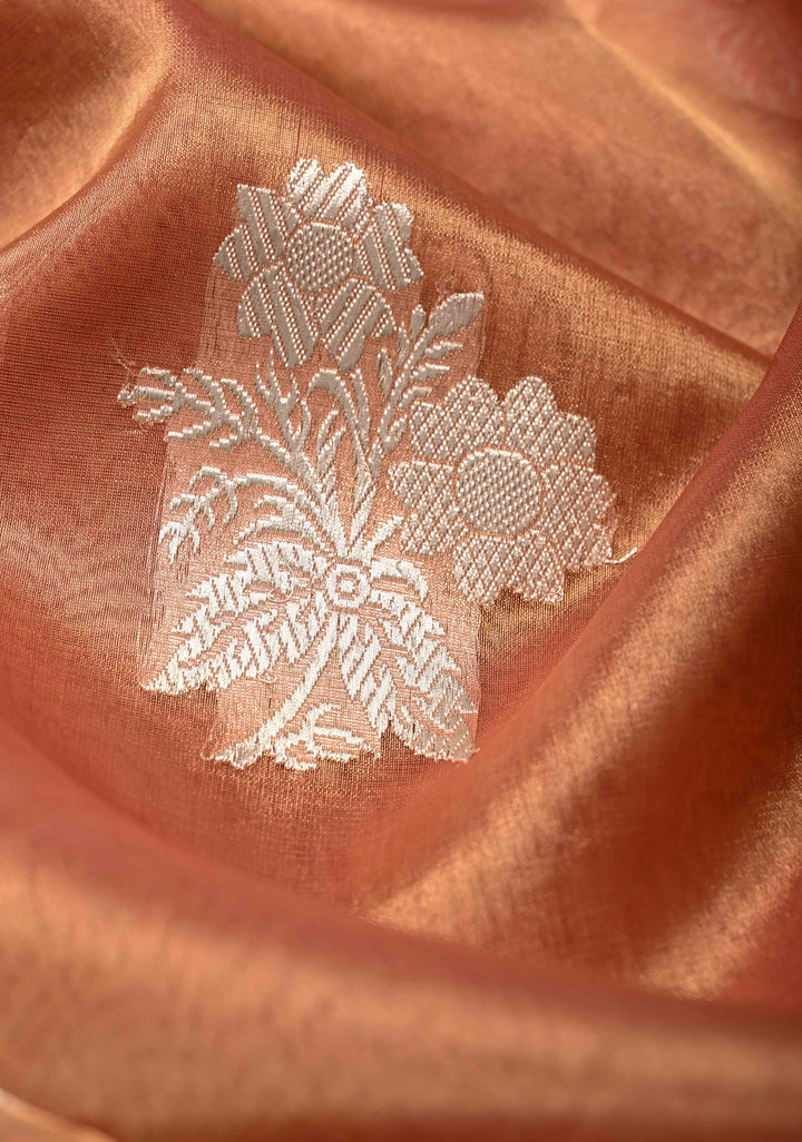 Peach Dual tone Bnarasi Katan Tissue Silk Saree with Floral Zari Buttas and Contrast Meenakari Zari Border | SILK MARK CERTIFIED