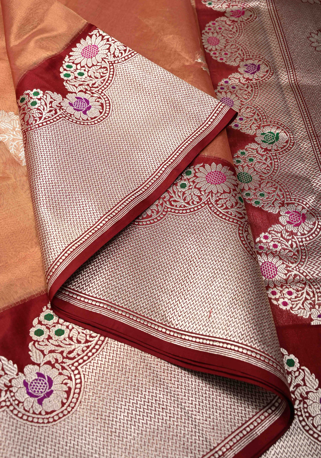 Peach Dual tone Bnarasi Katan Tissue Silk Saree with Floral Zari Buttas and Contrast Meenakari Zari Border | SILK MARK CERTIFIED