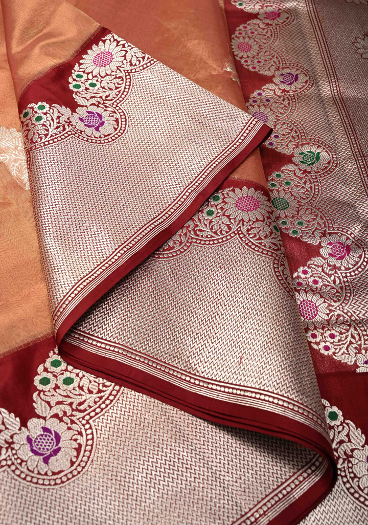 Peach Dual tone Bnarasi Katan Tissue Silk Saree with Floral Zari Buttas and Contrast Meenakari Zari Border | SILK MARK CERTIFIED