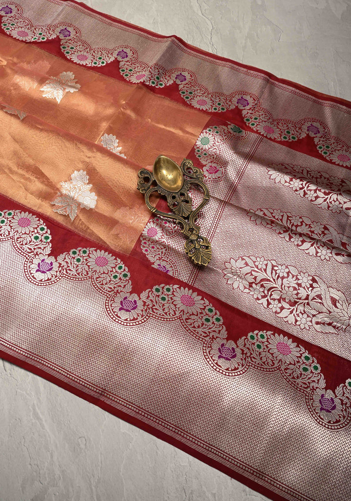 Peach Dual tone Bnarasi Katan Tissue Silk Saree with Floral Zari Buttas and Contrast Meenakari Zari Border | SILK MARK CERTIFIED