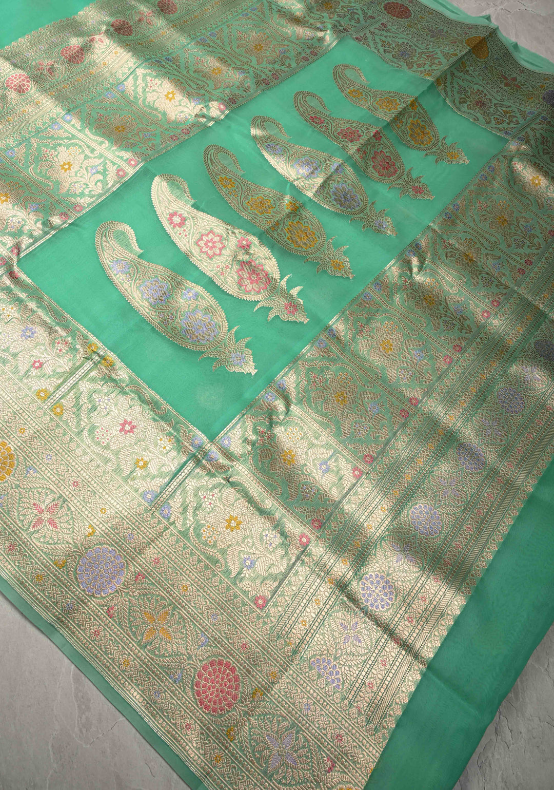 Pista Green Meenakari Deisign on Banarasi Kora Silk Saree with Floral Brocade and Zari Border | SILK MARK CERTIFIED | SHOBITAM