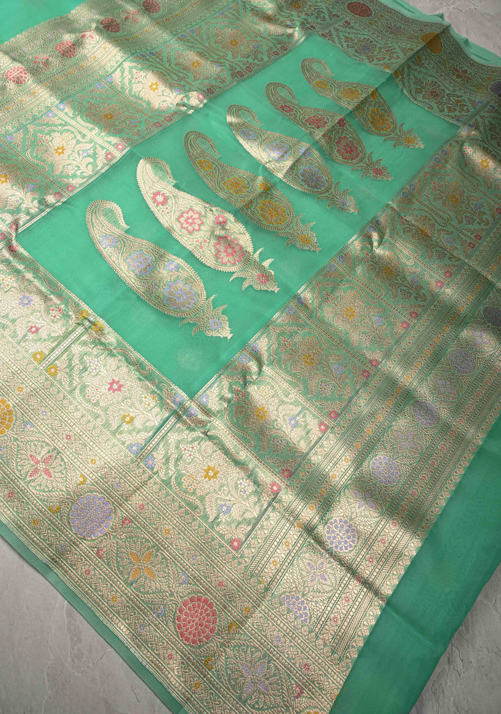 Pista Green Meenakari Deisign on Banarasi Kora Silk Saree with Floral Brocade and Zari Border | SILK MARK CERTIFIED | SHOBITAM