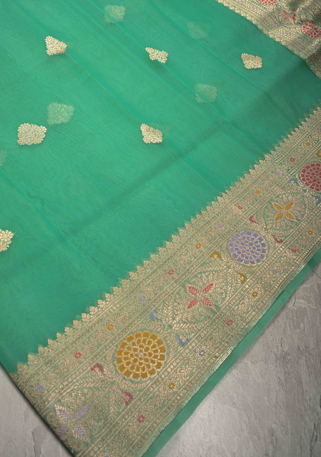 Pista Green Meenakari Deisign on Banarasi Kora Silk Saree with Floral Brocade and Zari Border | SILK MARK CERTIFIED | SHOBITAM