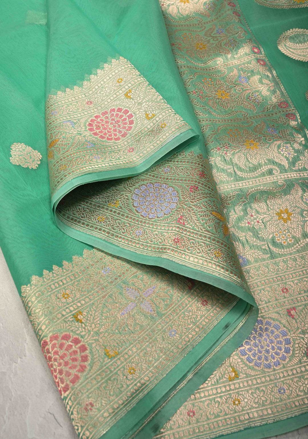 Pista Green Meenakari Deisign on Banarasi Kora Silk Saree with Floral Brocade and Zari Border | SILK MARK CERTIFIED | SHOBITAM