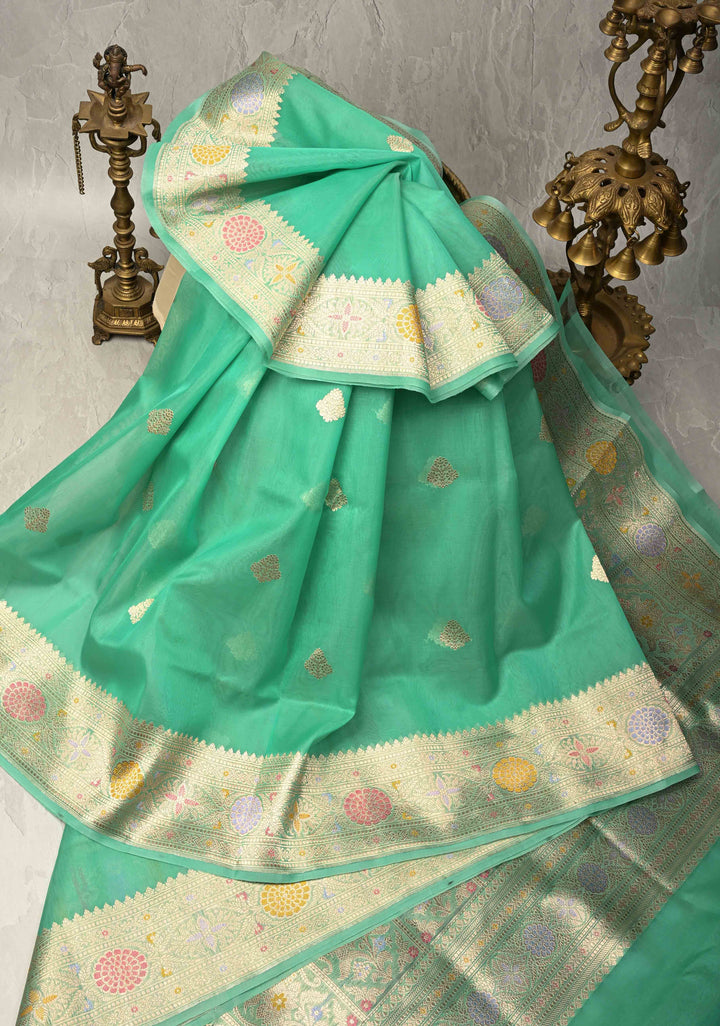 Pista Green Meenakari Deisign on Banarasi Kora Silk Saree with Floral Brocade and Zari Border | SILK MARK CERTIFIED | SHOBITAM