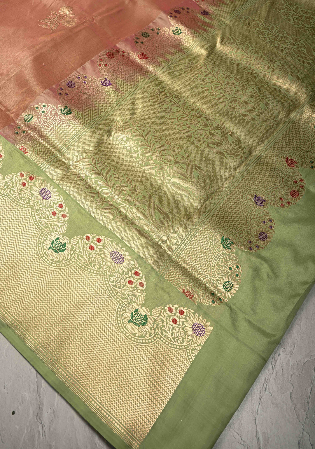Dusty Peach Banarasi Katan Tissue Silk Saree with Floral Zari Buttas and Contrast Meenakari Zari Border | SILK MARK CERTIFIED