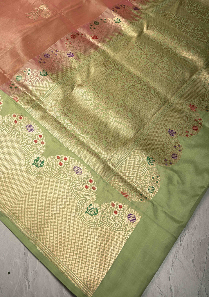 Dusty Peach Banarasi Katan Tissue Silk Saree with Floral Zari Buttas and Contrast Meenakari Zari Border | SILK MARK CERTIFIED