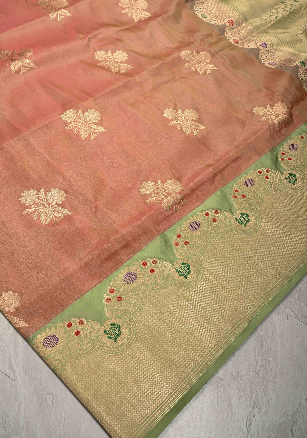 Dusty Peach Banarasi Katan Tissue Silk Saree with Floral Zari Buttas and Contrast Meenakari Zari Border | SILK MARK CERTIFIED