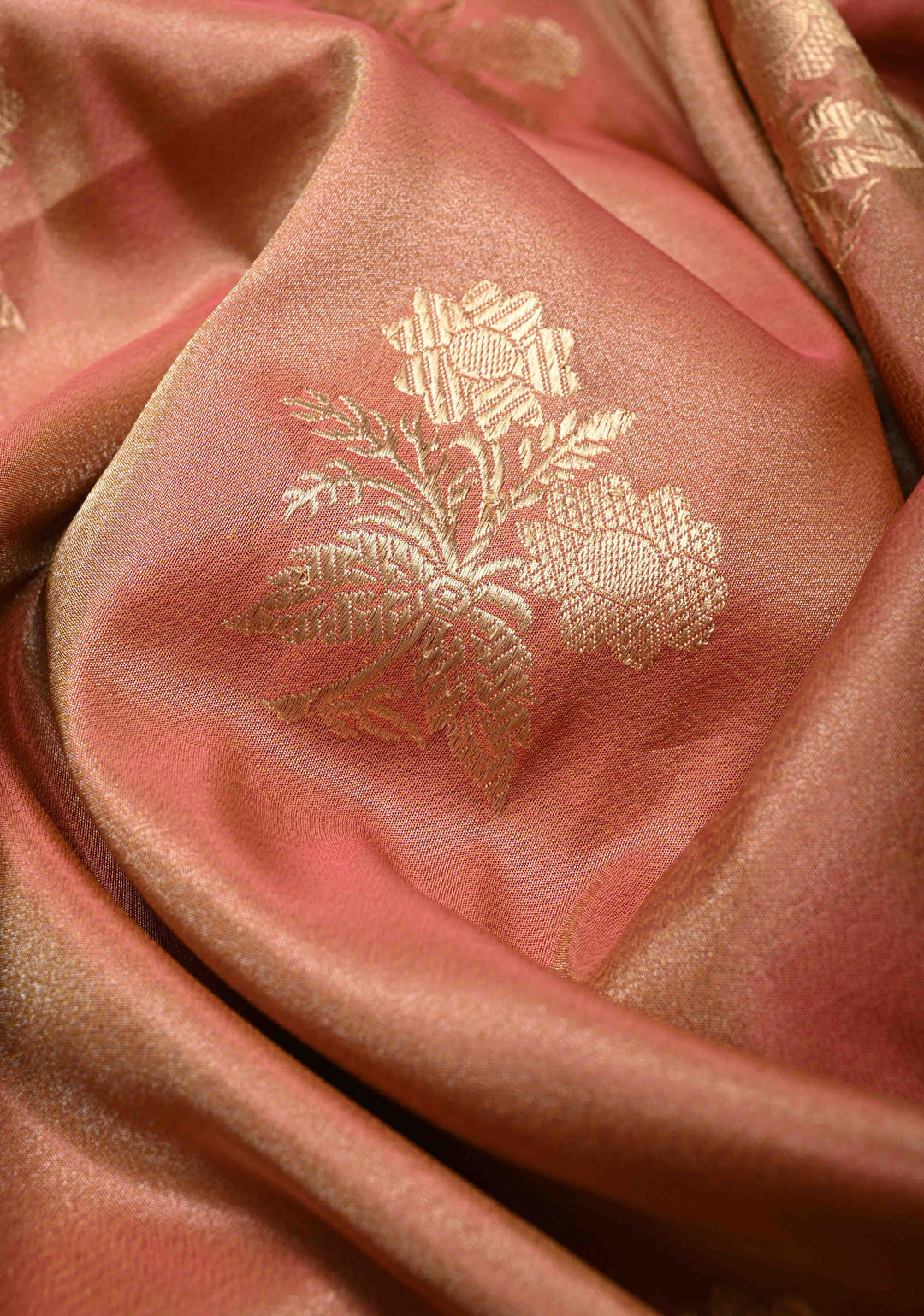 Dusty Peach Banarasi Katan Tissue Silk Saree with Floral Zari Buttas and Contrast Meenakari Zari Border | SILK MARK CERTIFIED