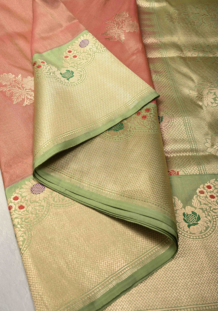 Dusty Peach Banarasi Katan Tissue Silk Saree with Floral Zari Buttas and Contrast Meenakari Zari Border | SILK MARK CERTIFIED