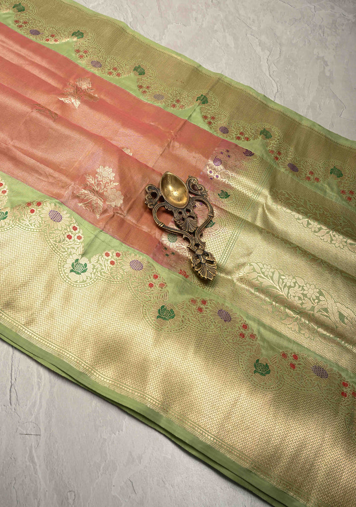 Dusty Peach Banarasi Katan Tissue Silk Saree with Floral Zari Buttas and Contrast Meenakari Zari Border | SILK MARK CERTIFIED