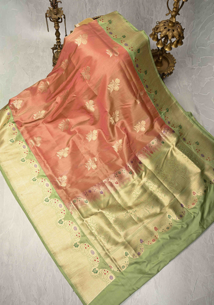 Dusty Peach Banarasi Katan Tissue Silk Saree with Floral Zari Buttas and Contrast Meenakari Zari Border | SILK MARK CERTIFIED