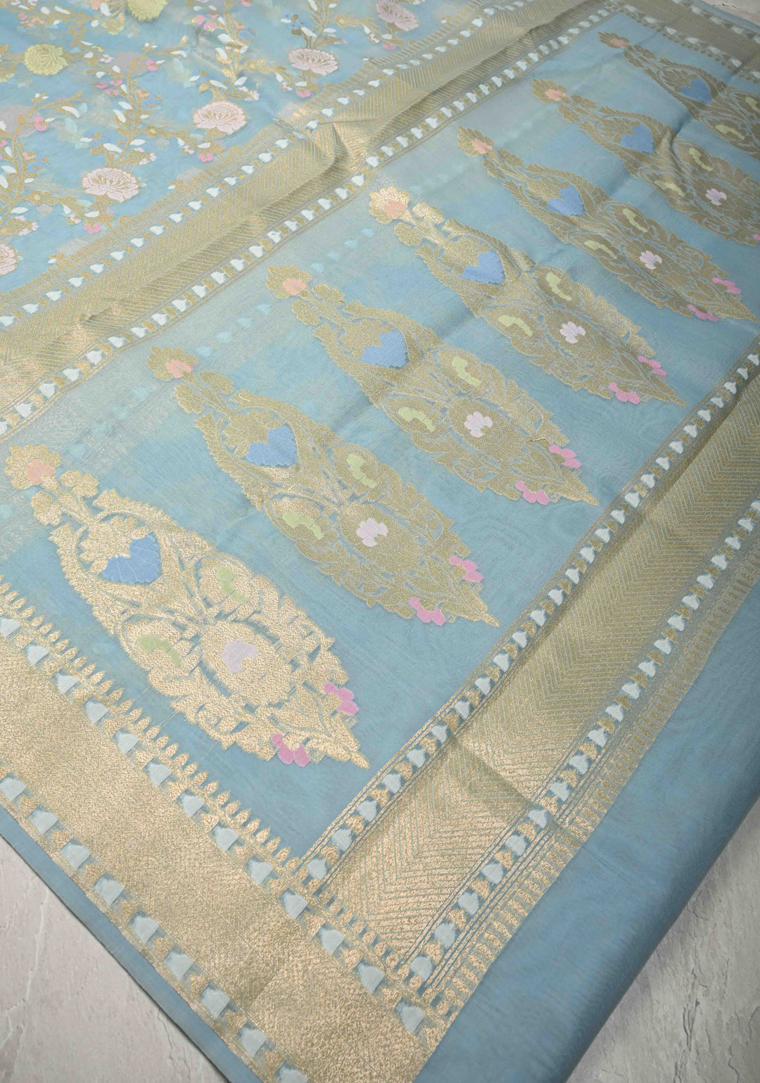 Powder Blue Banarasi Cotton Jamdani Style Cutwork Saree with Meenakari Jaal Weave