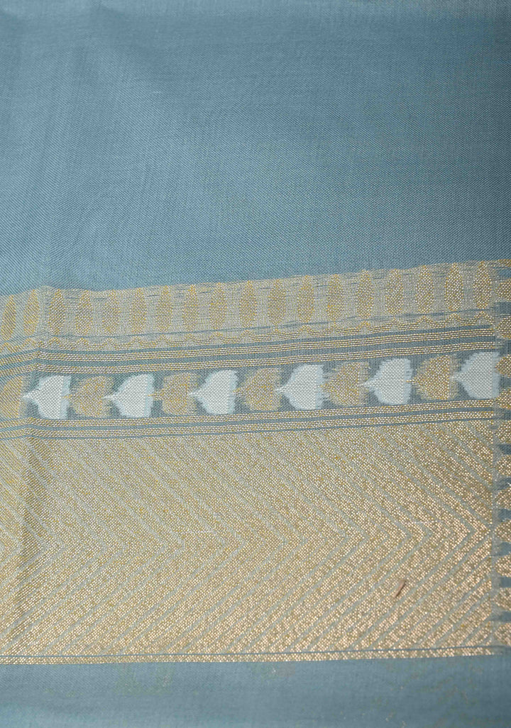 Powder Blue Banarasi Cotton Jamdani Style Cutwork Saree with Meenakari Jaal Weave
