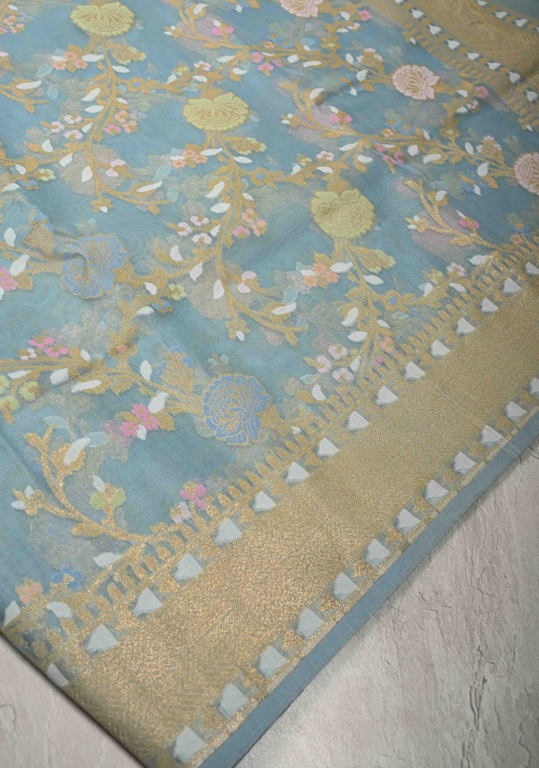 Powder Blue Banarasi Cotton Jamdani Style Cutwork Saree with Meenakari Jaal Weave