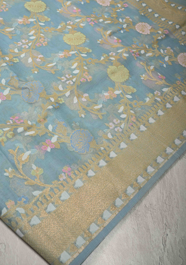 Powder Blue Banarasi Cotton Jamdani Style Cutwork Saree with Meenakari Jaal Weave