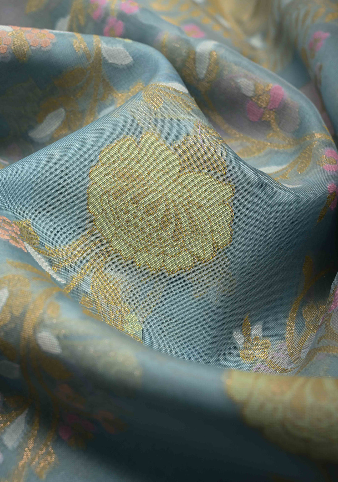 Powder Blue Banarasi Cotton Jamdani Style Cutwork Saree with Meenakari Jaal Weave