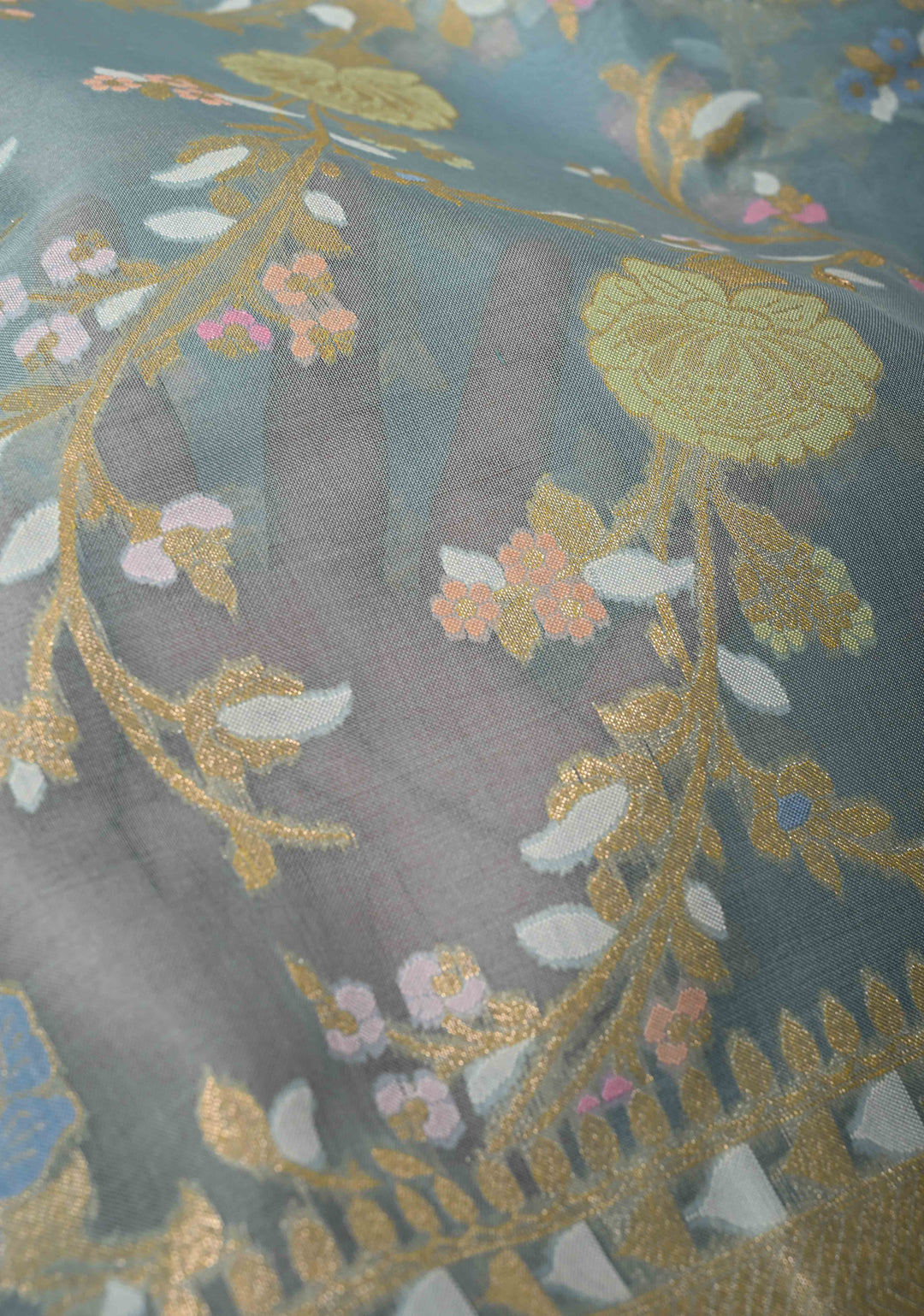 Powder Blue Banarasi Cotton Jamdani Style Cutwork Saree with Meenakari Jaal Weave