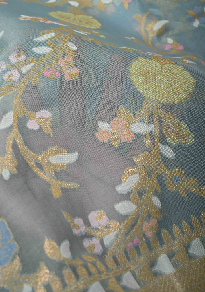 Powder Blue Banarasi Cotton Jamdani Style Cutwork Saree with Meenakari Jaal Weave