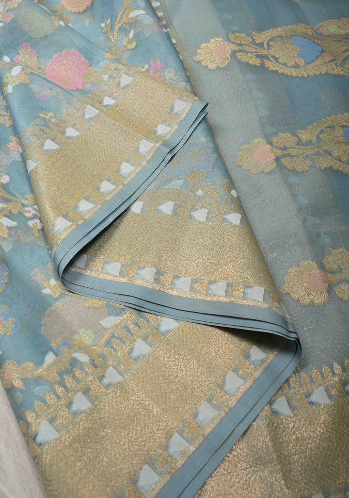 Powder Blue Banarasi Cotton Jamdani Style Cutwork Saree with Meenakari Jaal Weave