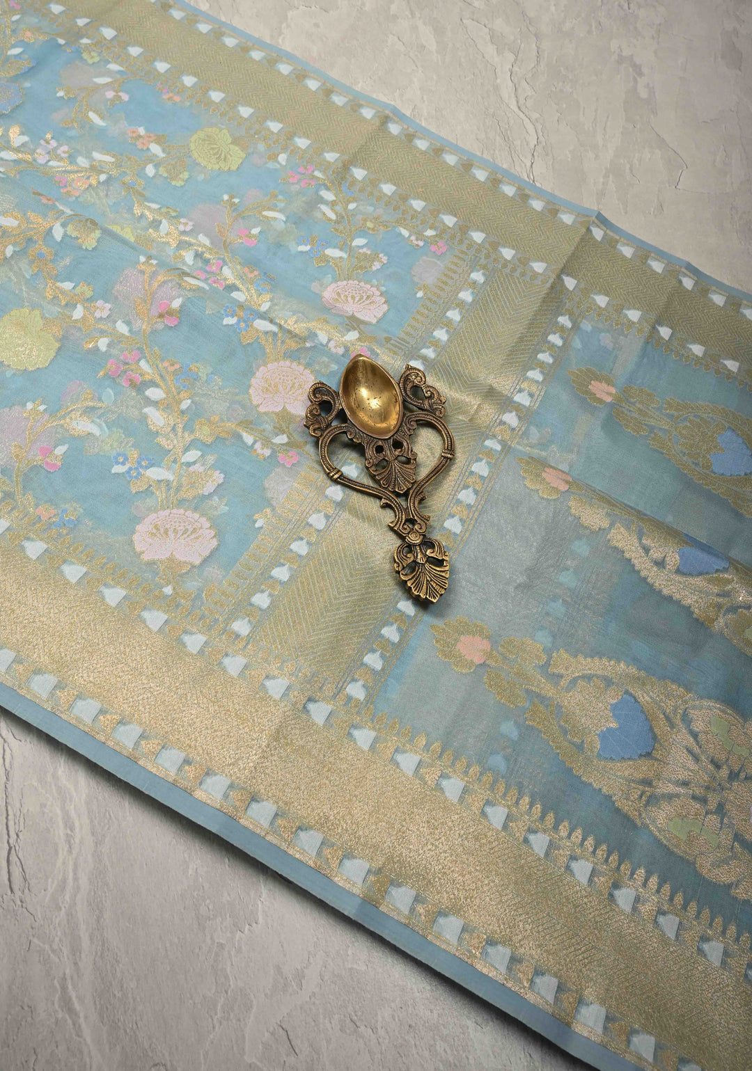Powder Blue Banarasi Cotton Jamdani Style Cutwork Saree with Meenakari Jaal Weave