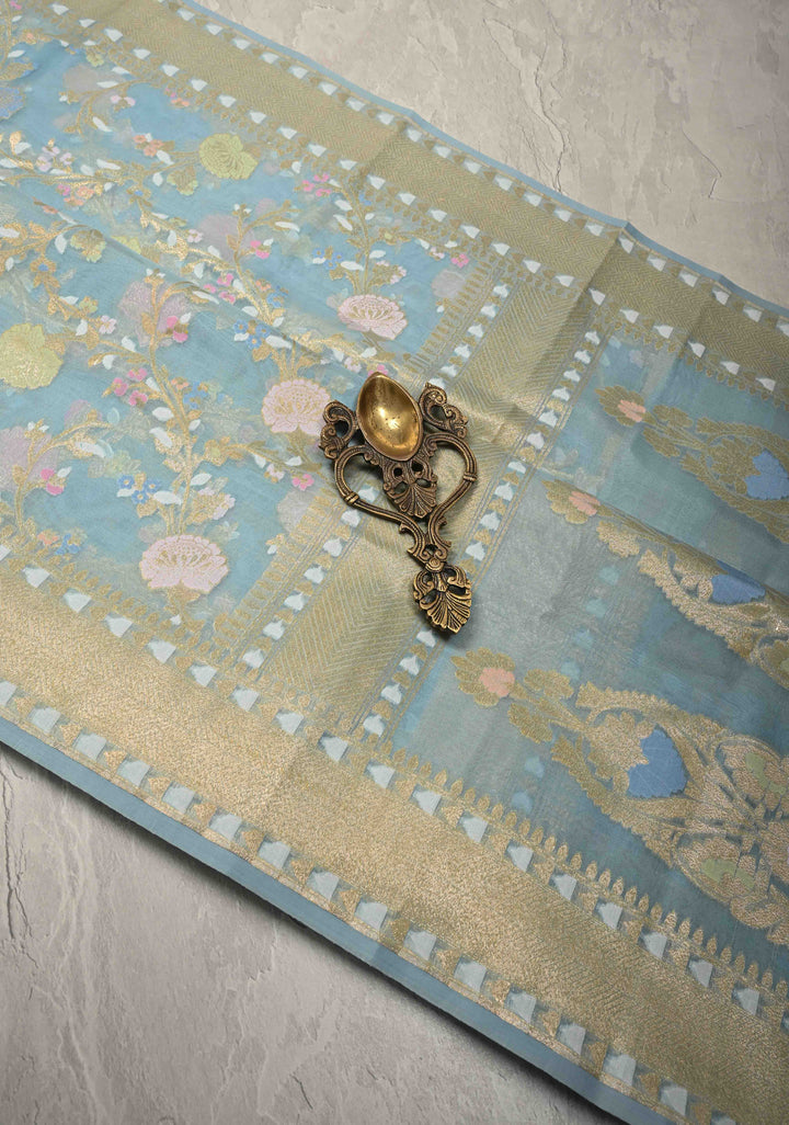 Powder Blue Banarasi Cotton Jamdani Style Cutwork Saree with Meenakari Jaal Weave