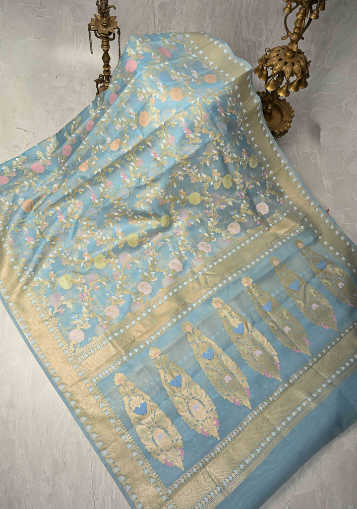 Powder Blue Banarasi Cotton Jamdani Style Cutwork Saree with Meenakari Jaal Weave