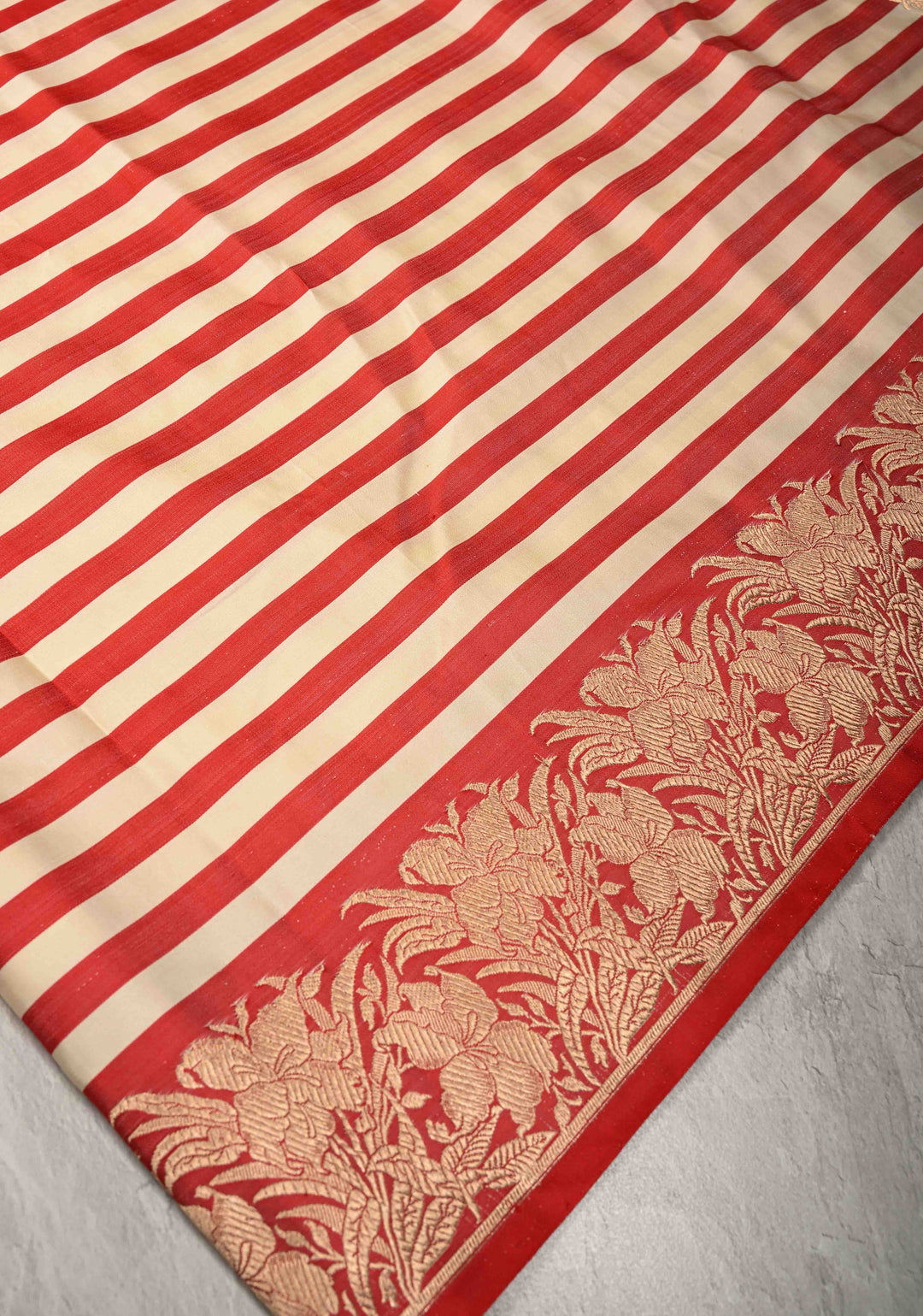 Red-Cream Banarasi Mashru Silk Saree with Horizontal Stripes and Floral Zari Border | SILK MARK CERTIFIED